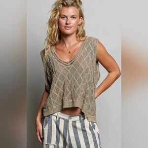 #1324 POL Desert Diamond Weave Crochet Boho Top-Taupe
